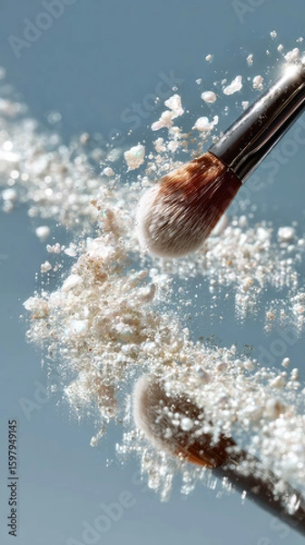 Obraz Close-up of a cosmetic makeup brush with shimmer and glitter powder floating and scattering lightly on a mirror background. Powder explosion effect.