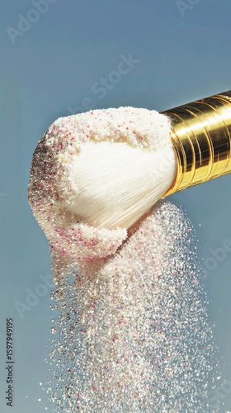 Obraz Close-up of a cosmetic brush with white bristles and a gold handle with powder and small sparkling beads falling down. Futuristic, advertising style. Concept for makeup artists and cosmetic brands