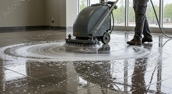 Obraz Floor cleaning machine scrubbing tiled surface maintenance