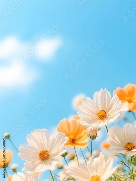 Fototapeta A vibrant field of yellow and white flowers under a clear blue sky creates a cheerful atmosphere, ideal for spring-themed designs, gardening promotions, or wellness content,