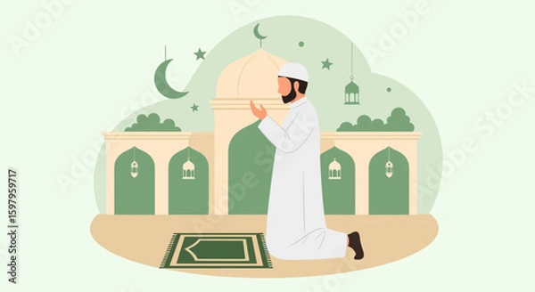 Fototapeta Muslim Man Praying In Front Of Mosque During Holy Month Ramadan Kareem