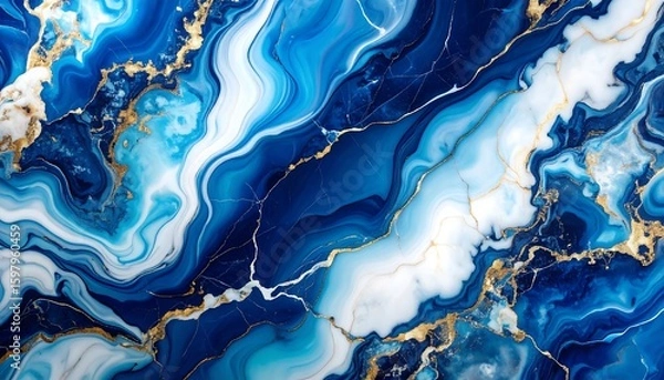 Fototapeta Abstract blue and gold liquid marble texture. Luxurious background with white swirls and elegant golden veins for a modern design.