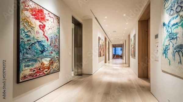 Fototapeta Modern hallway with recessed ceiling lights, abstract artwork, and polished floors