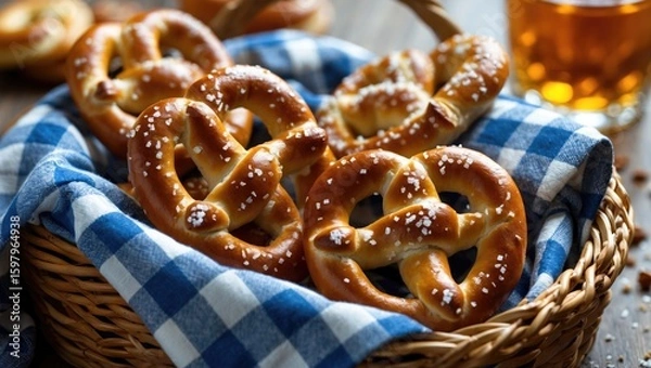 Fototapeta Fresh pretzels in a basket with a blue checkered cloth, sprinkled with salt, alongside a glass of beer.