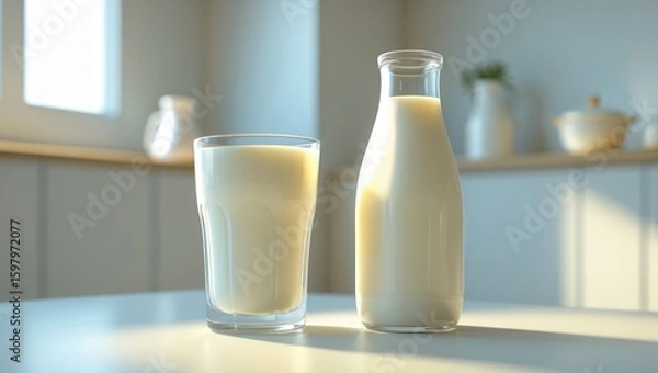 Fototapeta A glass of milk and a milk bottle on a table in a bright kitchen setting.