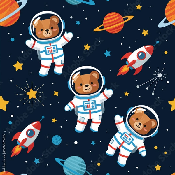 Fototapeta Adorable bear astronauts in space: A seamless pattern for kids' products, textiles, and websites.