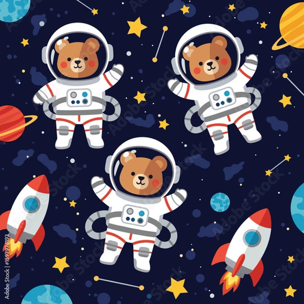 Fototapeta Cute bear astronauts floating in space, perfect for children's books, textiles, or space-themed projects.