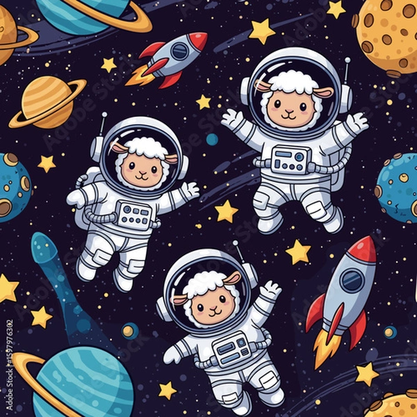 Fototapeta Adorable sheep astronauts floating in space, perfect for children's books, textiles, or space-themed projects.