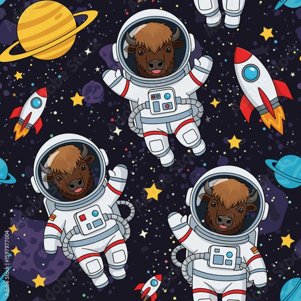 Fototapeta Cute Bison Astronauts in Space: Seamless Pattern for Kids' Products