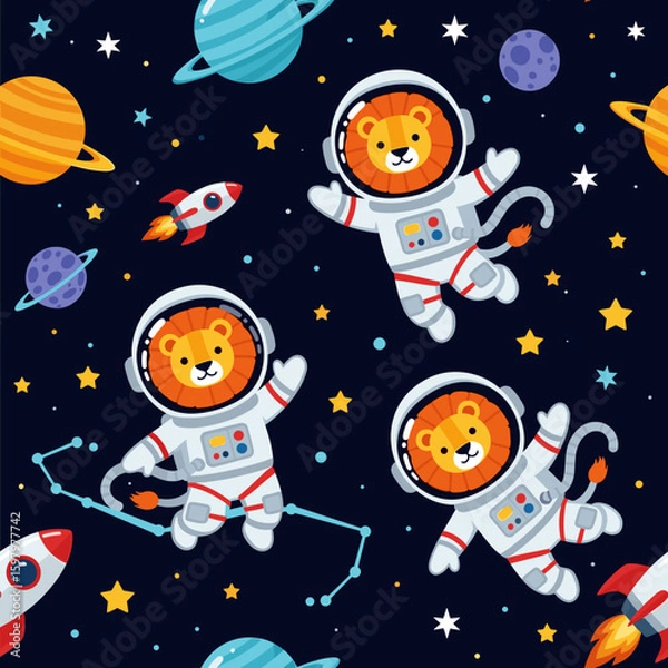 Fototapeta Cute Lions in Space: Seamless Pattern for Kids' Products