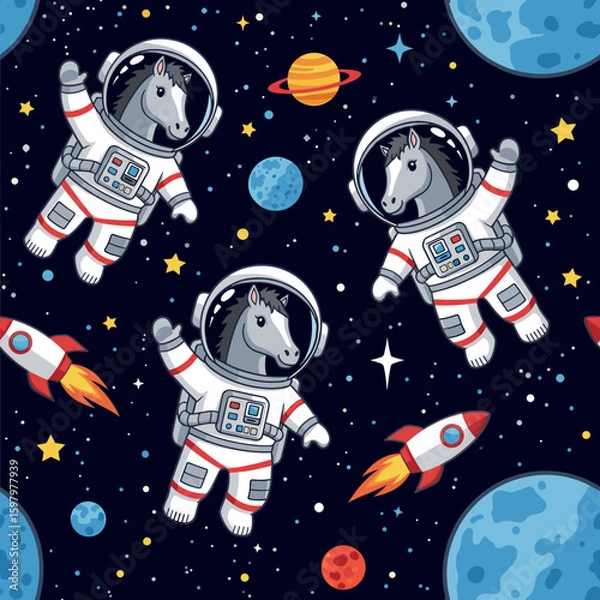 Fototapeta Cute horses in astronaut suits floating in space, perfect for children's books or space-themed apparel.
