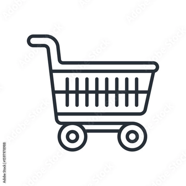 Obraz Shopping cart with wheels and basket line icon. Food shopping and e-commerce. Isolated vector illustration