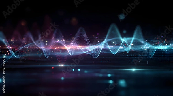 Fototapeta Holographic Digital Waveforms with Abstract Data Stream and Glowing Particles