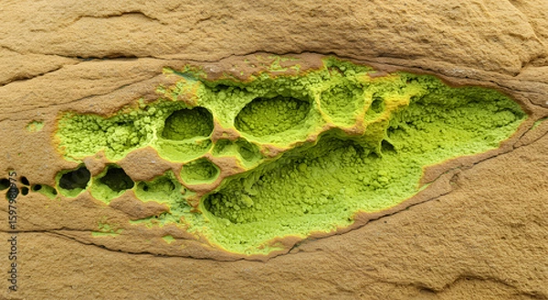 Fototapeta Abstract Geology: Vibrant Green Minerals Forming Honeycomb Patterns in Eroded Brown Stone, Unique Natural Texture: Green and Brown Mineral Concretions