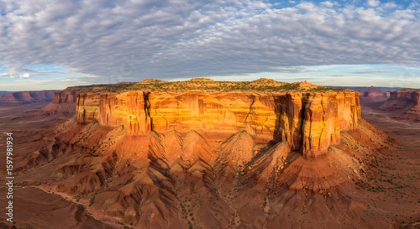 Fototapeta Golden canyon cliffs under a cloudy sky, Breathtaking view of a desert canyon landscape under the morning sky