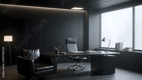 Obraz Modern Executive Office with Black Leather Furniture and Large Window