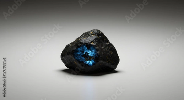 Fototapeta Captivating Still Life: Glowing Geode Rock on Neutral Backdrop, Intriguing Close-up of a Dark Rock with Luminous Blue Interior