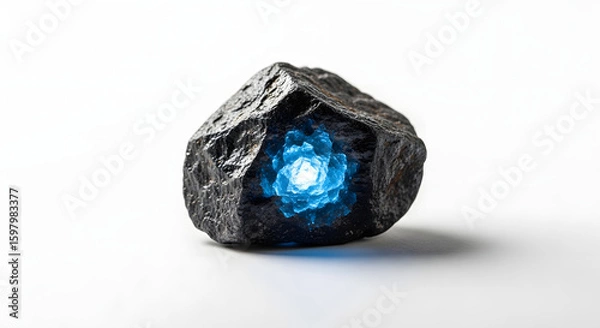 Fototapeta Mystical Rock Formation Displaying Luminous Blue Light,Enigmatic Stone Illuminating with a Radiant Blue Glow on a Clean White Surface