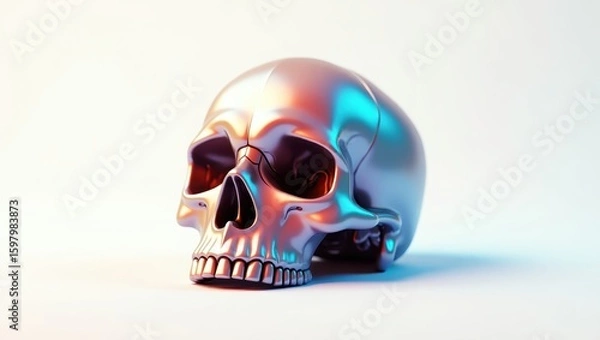 Fototapeta A metallic skull illuminated by vibrant, contrasting colors.