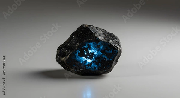 Fototapeta Glowing Gemstone Specimen on Neutral Background, Raw Crystal Formation with Internal Blue Light