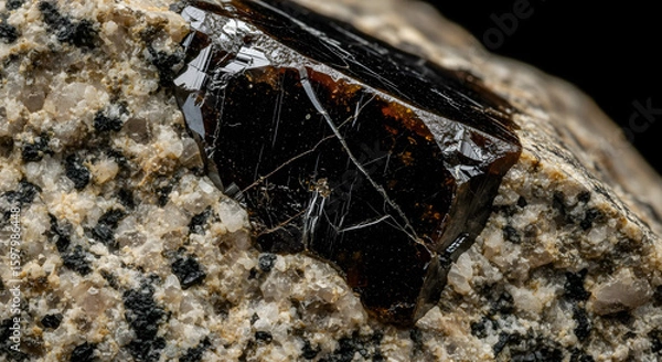Fototapeta Andradite Garnet Specimen Embedded in Matrix, Close-Up View of a Dark Brown Andradite Garnet Crystal on a Light-Colored Rock