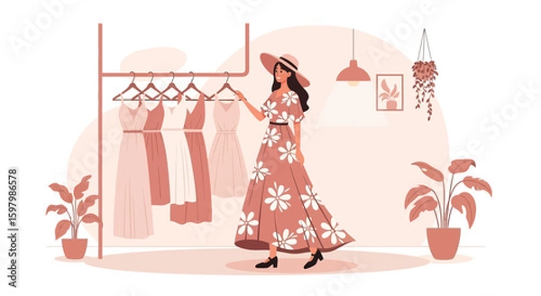 Fototapeta Woman Choosing Summer Dress With Floral Design At Fashion Boutique Store