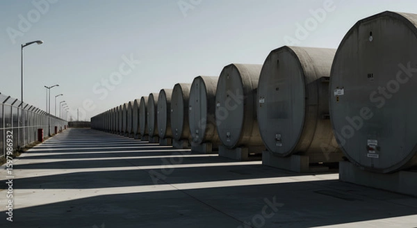 Fototapeta Row of Industrial Storage Tanks: Geometric Shadows and Modern Architecture, Industrial Landscape: Storage Tanks Aligned Against Clear Sky, Forming Repeating Pattern