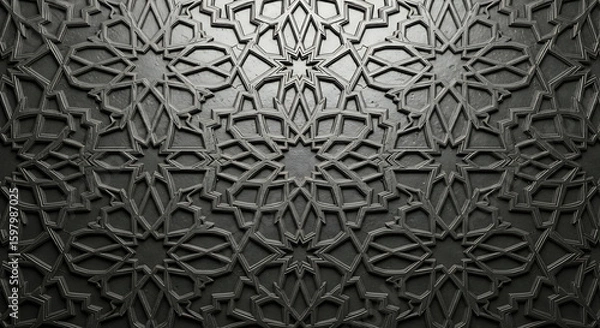 Fototapeta A close up view of an intricate dark gray islamic geometric pattern with star designs etched in