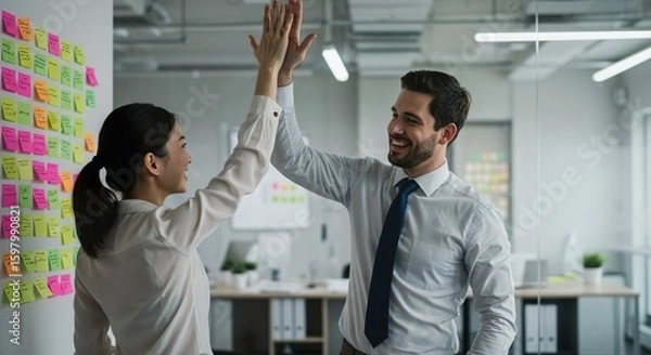 Obraz Two colleagues giving each other a high five in a modern office filled with colorful sticky notes, celebrating a successful project, stock photography style.