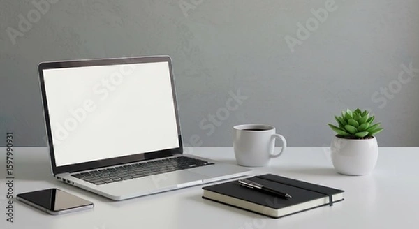 Fototapeta Modern remote work environment with a laptop, smartphone, coffee cup, plant, and journal on a tidy workspace, emphasizing focus and simplicity, stock photography style.
