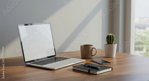 Obraz Clean and productive home office setup with a laptop, planner, mobile phone, cup of coffee, and indoor plant on a wooden desk, stock photography style.