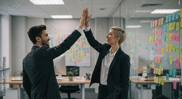Obraz Two business partners celebrating success with a high five in an office with sticky notes on the wall, stock photography style.