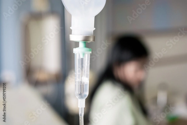 Obraz Close up saline IV drip over patient and Infusion pump in hospital