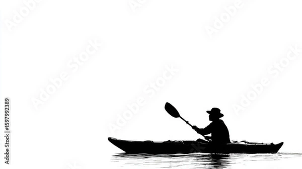 Obraz Kayaker silhouette on water, paddling with hat, simple and minimalist