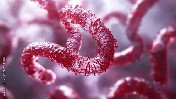 Fototapeta Detailed Macro View Showcases the Intricate Structure of Ebola Virus With a Vivid Red Appearance