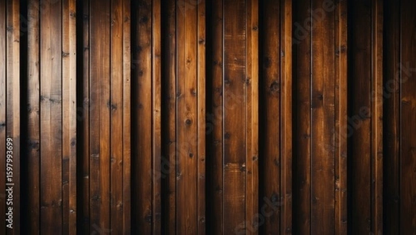 Fototapeta Wooden wall with vertical planks in a warm brown finish