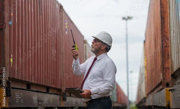 Fototapeta Engineer manager and a secretary working together railway track during inspection or routine maintenance container industrial or transportation setting the rail train import export logistics.	

