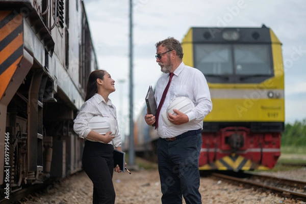 Fototapeta Engineer manager and a secretary working together railway track during inspection or routine maintenance container industrial or transportation setting the rail train import export logistics.	
