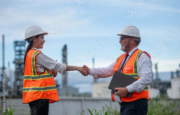 Fototapeta Engineering manager and a secretary are seen conducting a site inspection at an industrial facility, likely a refinery or power plant.