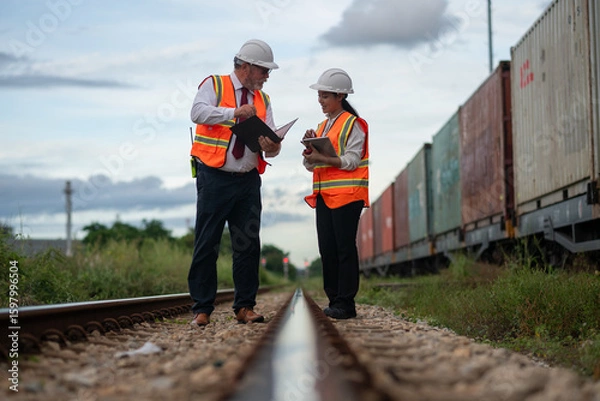 Fototapeta Engineer manager and a secretary working together railway track during inspection or routine maintenance container industrial or transportation setting the rail train import export logistics.	
