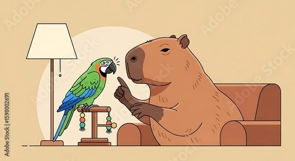 Fototapeta Cartoon depiction of a capybara sitting in a chair, talking to a parrot perched on a stand.
