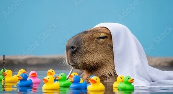 Fototapeta A capybara relaxing in water, draped with a towel, surrounded by rubber duckies.