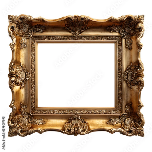 Obraz European-style carved wood frame with golden brushed finish and intricate details, rendered with angled lighting and isolated on transparent background. --v 7.0 --s 250 --raw