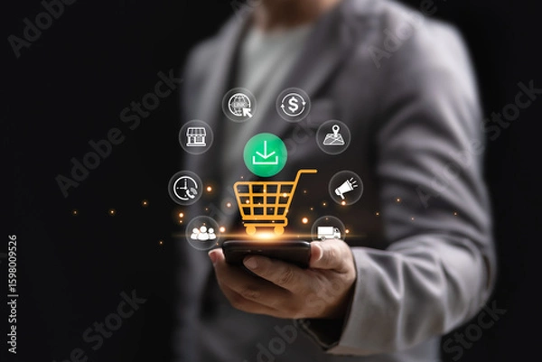 Fototapeta Omni-channel technology, Online marketing, Businessman use omni digital app online retail business marketing on social media network platform, Analytics, Customer engagement plan, Promotion shopping
