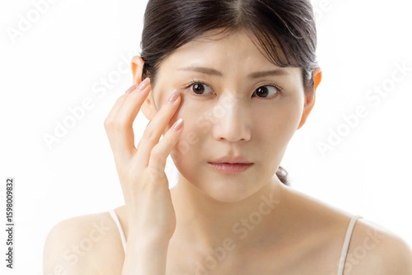 Fototapeta 目元の悩みを気にする若い女性（白背景）