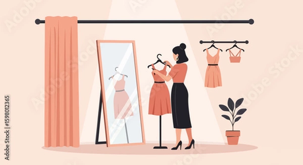 Fototapeta Young Woman Choosing Dress In A Clothing Store Fitting Room Experience