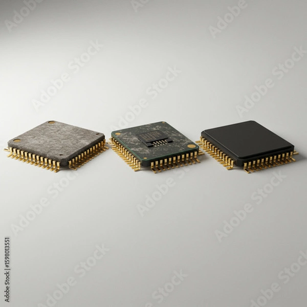 Fototapeta Evolution of Computing: From Dusty Antique Chip to Modern Processor, 8k Rendering.