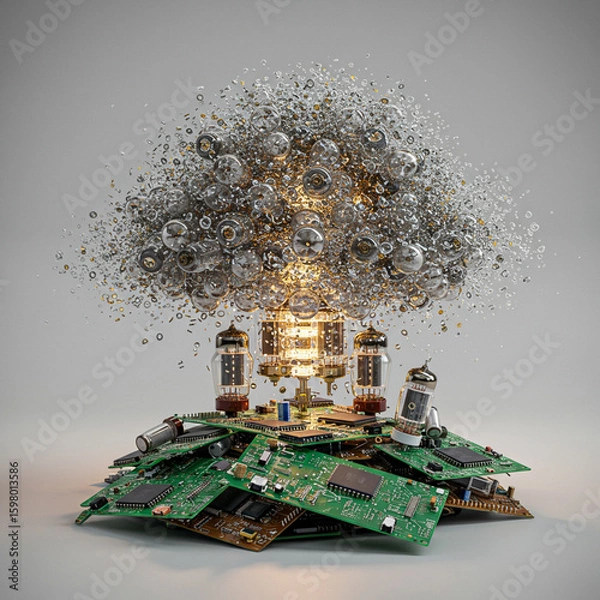 Fototapeta Evolution of Computing: Obsolete Tech Transforming into Quantum Core, 8k High Detail.