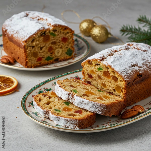 Fototapeta Festive Christmas Fruitcake Slices with Candied Fruit and Nuts on Display.