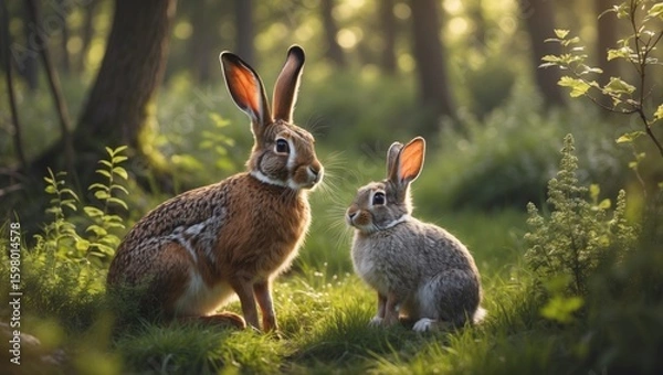 Fototapeta Two rabbits in a forest setting with sunlight filtering through trees, portraying wildlife and nature.